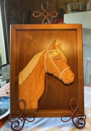 Vintage Wood Hand Carved Wooden Horse Head In Wood Frame Signed All One Piece