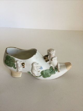 Antique German Bisque Shoe With Pigs,  4 Leaf Clovers Figurine,  Unique