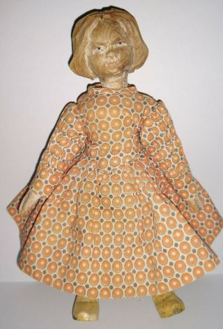 19th Century Antique Hand Carved Little Girl Doll W/original Clothing & Stand