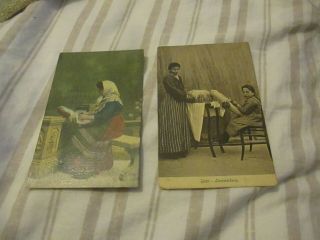 2 Old Colour Postcards Lace Workers Gozo Malta