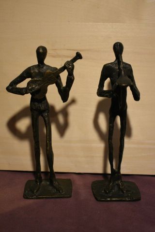 Vintage 8 " Solid Brass Metal Figurines Saxophone Player And Guitarist