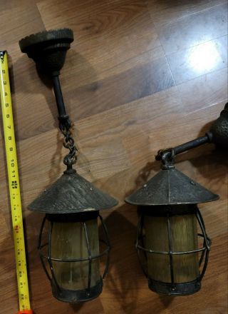 Antique Gothic Medieval Ceiling Hanging Lamps 1930s Rare Vtg Set Of 2 Heavymetal