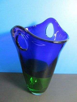 Vintage Swedish Vase Hand Blown Cobalt Blue & Green Heavy Art Glass 13 " Tall 8lb