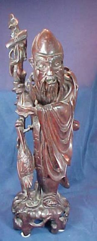 Vintage Large Carved Wood Oriental Man Figure With Bird And Cane 19 " Height