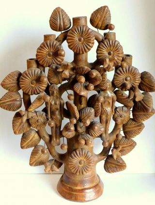 Mexican Terra Cotta Folk Art Adam Eve Tree Of Life Candelabra 22 " X 18 " Vintage