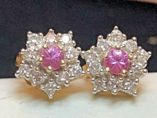 Vintage Estate 14k Gold Diamond & Natural Pink Sapphire Earrings Flowers Studs