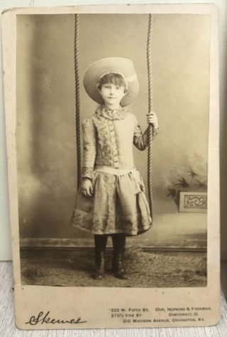 Antique Cabinet Card Studio Photo Vtg Little Girl On Swing W Hat Skewes Ohio Ky