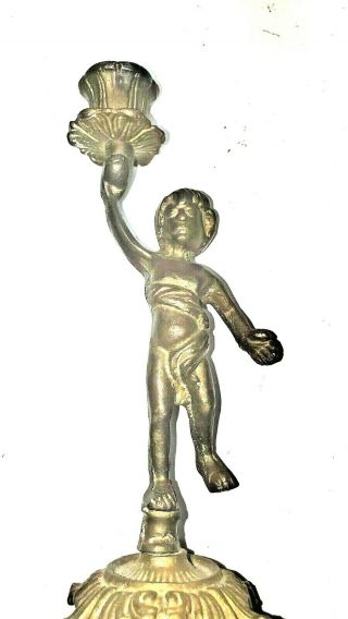 Antique Putti Cherub Brass / Bronze Metal Candle Holder 9.  5 " Tall
