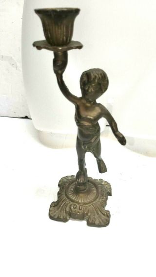 Antique Putti Cherub Brass / Bronze Metal Candle Holder 9.  5 