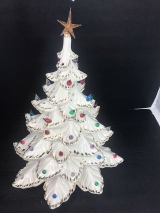 Vintage 2 Piece Atlantic Mold Ceramic 16” Lighted Christmas Tree White And Gold