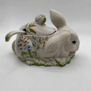 Vintage Italian Majolica Hand Painted Rabbit Bunny Serving Dish W/ladle (ee)