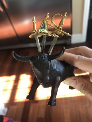 Vintage Metal Spanish Toledo Bull Sculpture With Sword Cocktail Picks Appetizers
