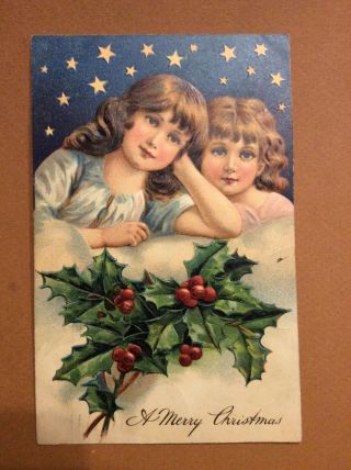 Vintage Postcard Christmas 85 Pfb 2 Girls Embossed Gold Foil Card - Early 1900s
