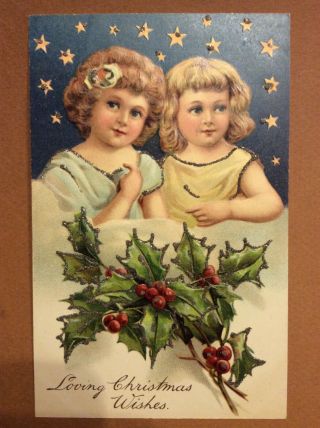 Vintage Postcard Christmas 86 Pfb 2 Girls Embossed Gold Foil Card - Early 1900s