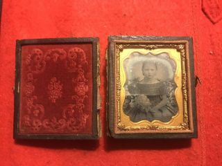 Antique Ambrotype Of Young Girl Child Dress Holding Flowers Full Case