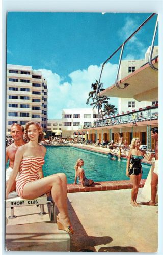 1960s Shore Club Hotel Pool Babe Women Miami Beach Florida Vintage Postcard C73