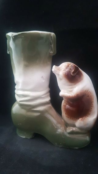 Rare Victorian Pig Fairing " Brown & White Pig On A Old Boot " German Porcelain