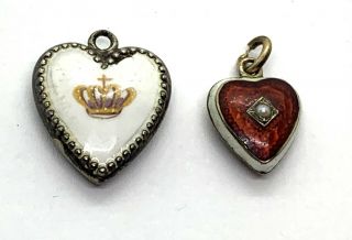 2 Antique Vintage Sterling Enamel Puffy Heart Charms - Orleans Etc