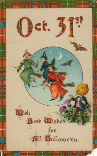 Vintage 1911 Halloween Postcard Witches Pumpkin Head Man Bats