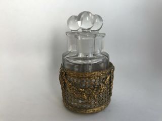 Rare Antique French Victorian Boudoir Glass Perfume Bottle In Ornate Bronze Etui