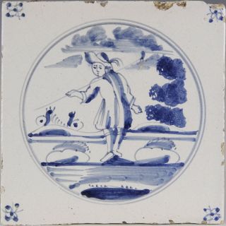 Dutch Delft Blue Tile,  Shepherd In A Landscape,  Circa 1800.