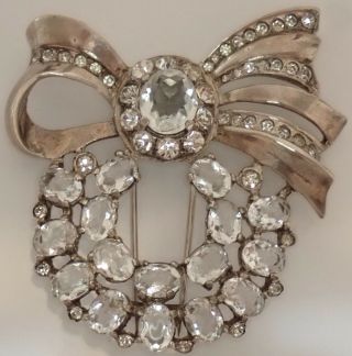 Vintage Eisenberg Sterling Silver Crystal Rhinestone Bow Wreath Fur Clip Brooch