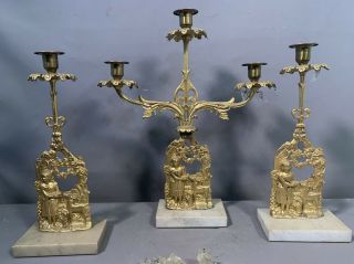 19thc Antique Victorian Old Gilt Brass Figural Girl & Dog Candelabra Candlestick