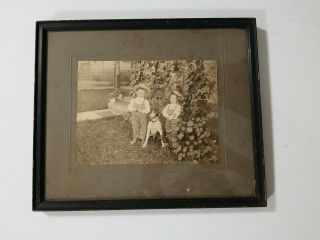 Antique Framed Photograph Of Two Little Boys In Yard With Their Dog Ca 1930