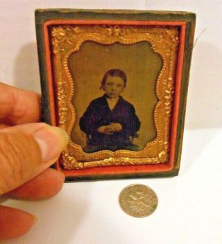 Vtg Antique Tin Type Tintype Photo Boy In 1/2 Case Thermoplastic Ring
