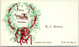 Vintage Rural Letter Carrier Merry Christmas Postcard " G.  I.  Ames - R.  F.  D.  No.  1 "