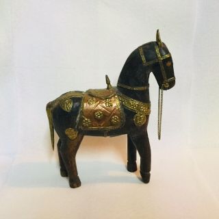 Antique/vintage Hand Carved Wooden Horse Sculpture W/copper Brass