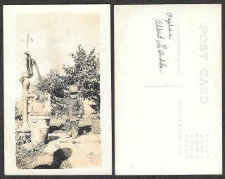 Old Real Photo Postcard - Little Boy In Military Uniform,  Water Pump,  Labudda
