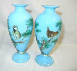 (2) Small Antique 5 3/4 " French Blue Opaline Vases Hand Painted Birds