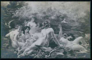 Art La Lyre Nude Woman Mermaids Muses Old 1910s Salon De Paris Postcard