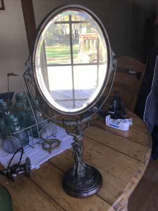 Antique 19” Art Nouveau Copper Brass Figural Lady Swivel Vanity Beveled Mirror