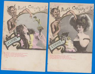 Set Of 2 Vintage Postcards,  Seven Deadly Sins,  Envy And Lust Devil Demon Krampus