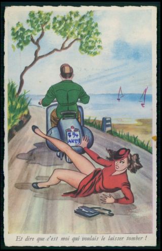 Motorcycle Vespa Scooter & Nude Legs Pin Up Pinup Old 1950s Postcard