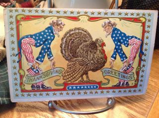 Vintage Patriotic Thanksgiving Postcard Turkey Between 2 Uncle Sams