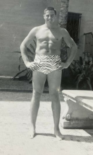Vintage Photo Handsome Muscular Man Wearing Zebra Bathing Suits Gay Interest