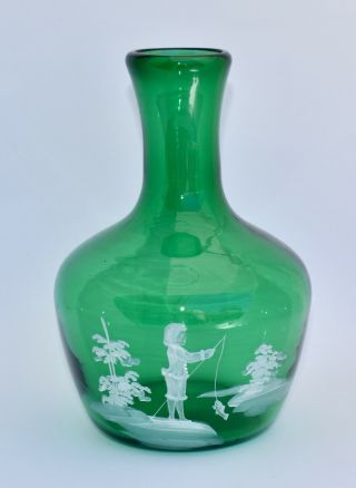 Emerald Green Glass Mary Gregory Bottle Vase / Flask - Boy Fishing
