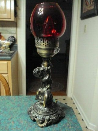 Vintage Cast Metal Bronze Cherub Table Lamp Ruby Red Glass Shade 16 " Tall