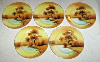 Set Of 5 Antique Noritake Porcelain Plates Hand Painted Tree In Meadow Pattern