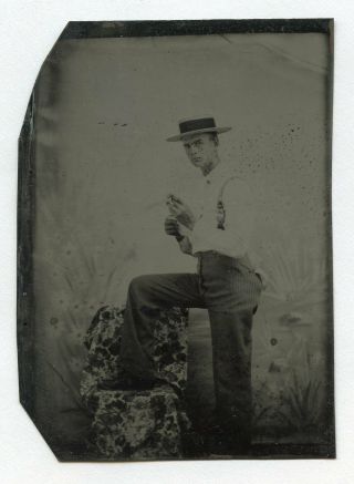 12 Vintage Photo Tintype Handsome Man W/ Cigarette Reading Letter Snapshot Gay