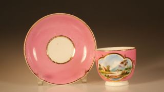 Rare Early Pink With Handpainted Landscape Scene Cup And Saucer,  C.  1860 