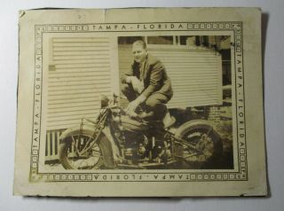 3x4 Photo Indian Motorcycle Tampa,  Florida F.  P.  S.  W/ 1938 License Tag