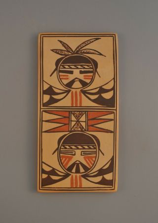 Vtg Hopi Indian Pottery Tile - Rectangular W.  Double Kachina - Jean Sahmie