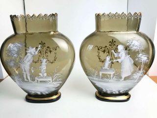 1 Pair Mary Gregory Amber Vases Boy & Girl With Dog White Enamel W/ Gold Trim