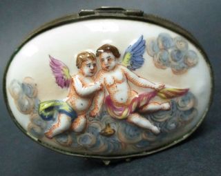 Antique Capodimonte Porcelain And Gilt Metal Oval Hinged Trinket Box Angels