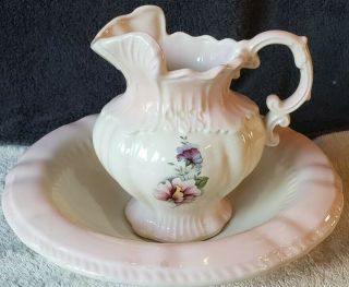 Arnels Pottery Pink Floral Water Pitcher And Wash Bowl Basin Vanity Dresser Set