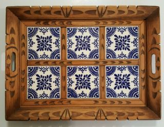 Vintage Hand - Carved Wood Serving Tray With Blue & White Inlaid Tiles 19 X 14